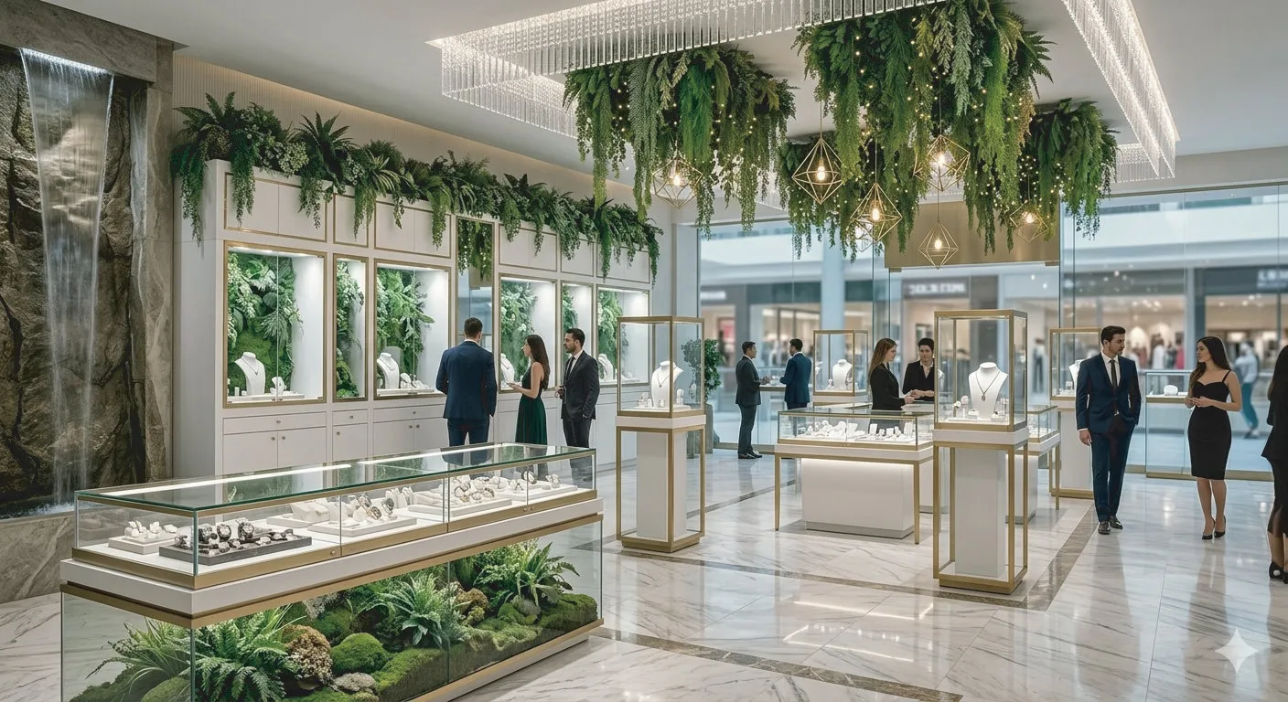 Diseño de espacio comercial para joyería con vitrinas y exhibidores