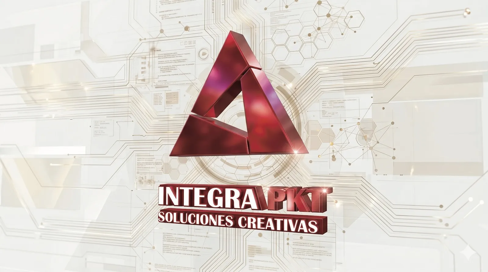 Identidad visual de Integra PKT Soluciones Creativas sobre fondo tecnológico