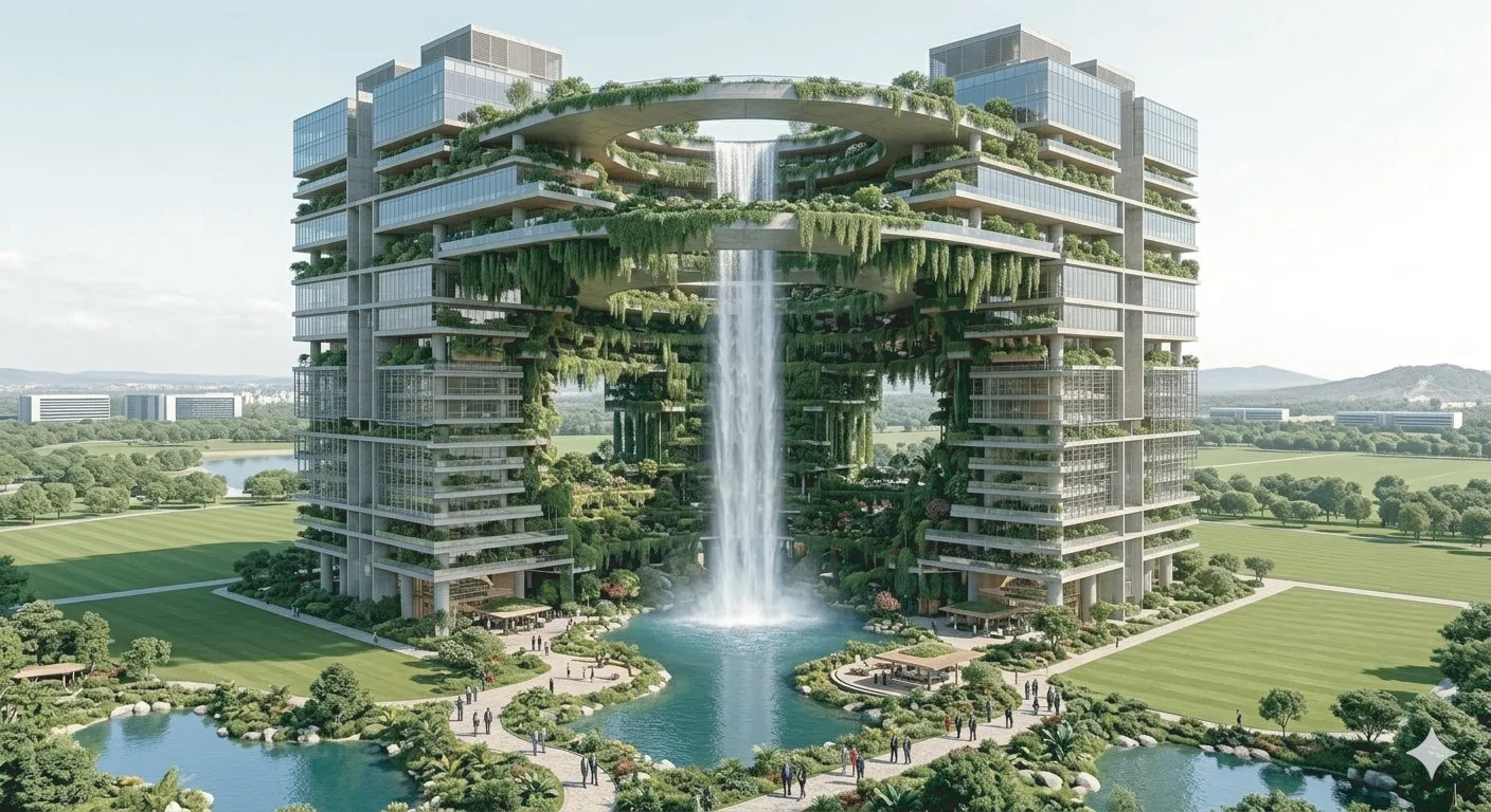 Render arquitectónico de edificio sustentable con jardines y cascada
