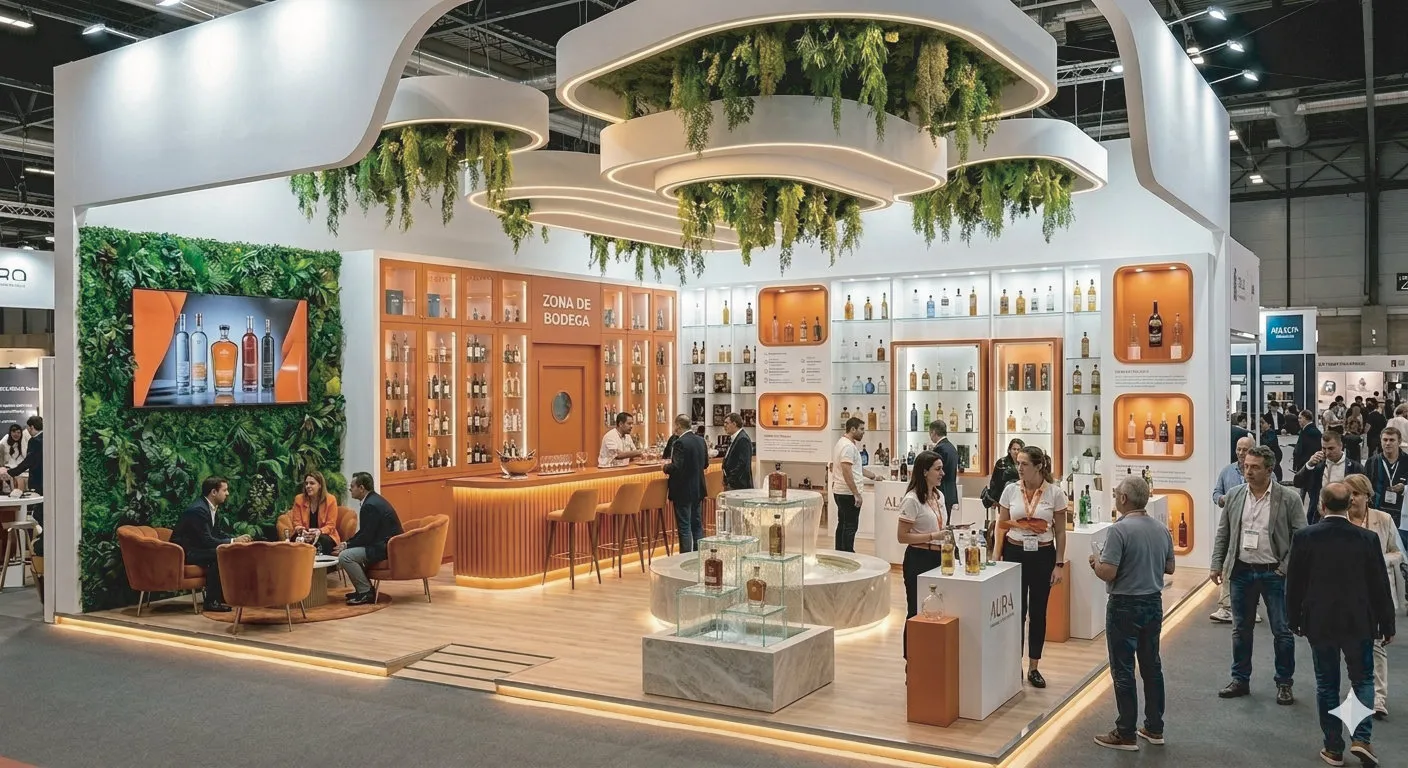 Stand de exhibición de bebidas en feria comercial